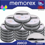 200 PCS  CD-R MEMOREX 52X 80 MIN  700MB INK-JET PRINTABLE ( IN CAKEBOX BY 10 UNITS ) + MARKER ADIO/DATA DISCK