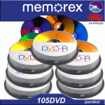 105 PCS DVD-R MEMOREX 16X 4,7GB 120 MIN. COOL COLORS (EN CAKEBOX DE 15 PIÈCES) DVD DE COULEURS ASSORTIES COLORIÉES