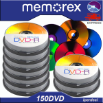 150 PCS DVD-R MEMOREX 16X 4,7GB 120 MIN. COOL COLORS (EN CAKEBOX DE 15 PIÈCES) DVD DE COULEURS ASSORTIES COLORIÉES