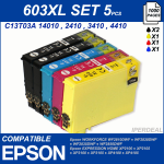 5 COMPATIBLE CARTRIDGES MODEL 603XL C13T03A-14010/24010/34010/44010 (COLORS: BLACK YELLOW MAGENTA CYAN) FOR EPSON PRINTER