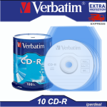 10 PCS VERBATIM CD-R 52X 80 MIN 700MB AUDIO AND DATA CD WITH ENVELOPE CASE