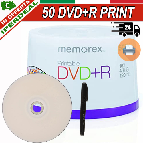 10 PZ DVD+R MEMOREX 16X 4,7GB 120 MIN. INK-JET PRINTABLE ( IN CAKEBOX DA 10 PEZZI ) + PENNARELLO  DVD STAMPABILI