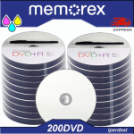 200 PZ DVD+R MEMOREX 16X 4,7GB 120 MIN. INK-JET PRINTABLE ( IN CAKEBOX DA 10 PEZZI ) + PENNARELLO  DVD STAMPABILI