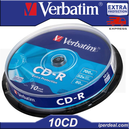 CD-R VERBATIM  52X 80 MIN  700MB EXTRA PROTECTION   ( IN CAKEBOX  DA 10 PEZZI )  CD AUDIO / DATI