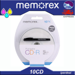10 PZ CD-R MEMOREX 52X 80 MIN  700MB INK-JET PRINTABLE ( IN CAKEBOX DA 10 PEZZI ) + PENNARELLO CD AUDIO DATI STAMPABILI