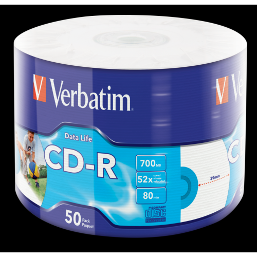 CD-R VERBATIM 52X 80 MIN 700MB INK-JET PRINTABLE ( IN CAKEBOX DA 50 PEZZI )
