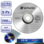 5 PZ CD-R VERBATIM  52X 80 MIN  700MB EXTRA PROTECTION + CUSTODIE BUSTINE