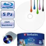 5 PZ BLU-RAY VERBATIM BD-R 25GB 4x INK-JET PRINTABLE CON CUSTODIA BUSTINA PER CD DVD 