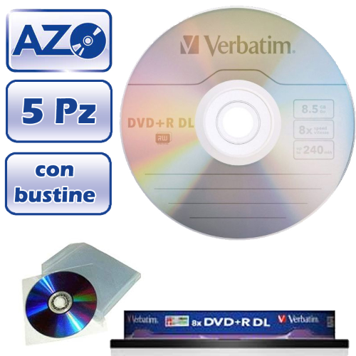 5 PZ DVD+R VERBATIM  8X 8,5GB 240 MIN. AZO DUAL LAYER  DVD DL DOUBLE LAYER PER GIOCHI XBOX E FILM CON CUSTODIE BUSTINE
