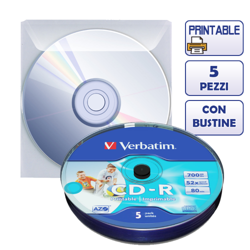 5 CD-R VERGINI VERBATIM 52X 80 MIN 700MB INK-JET PRINTABLE CON CUSTODIE BUSTINE