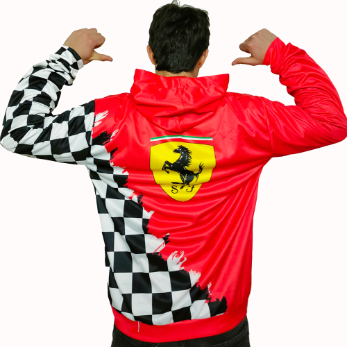 Maglia Ferrari con Cappuccio , Ferrari cleinti bandiera a scacchi , felpa zip e cappuccio in jersey
