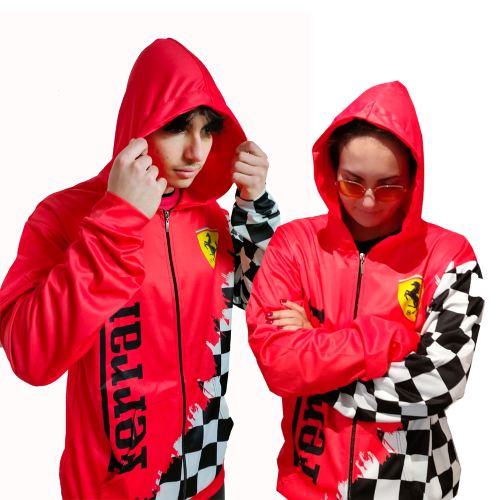 Maglia Ferrari con Cappuccio , Ferrari cleinti bandiera a scacchi , felpa zip e cappuccio in jersey