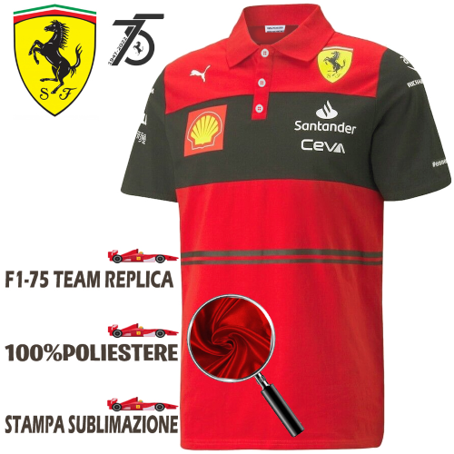 Ferrari F1-75 Polo 3 bottoni,  Team  Replica , Maglietta  stampata a sublimazione in desig Ferrari F1 2022