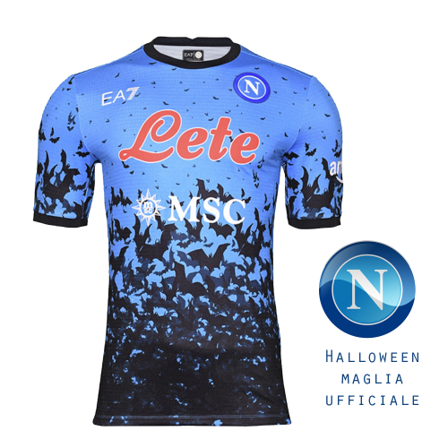 Maglietta SSC Napoli Calcio bat, EA7 Halloween Maglia UFFICIALE DA Gara stagione 2022/2023 modello azzurro con pipistrelli 
